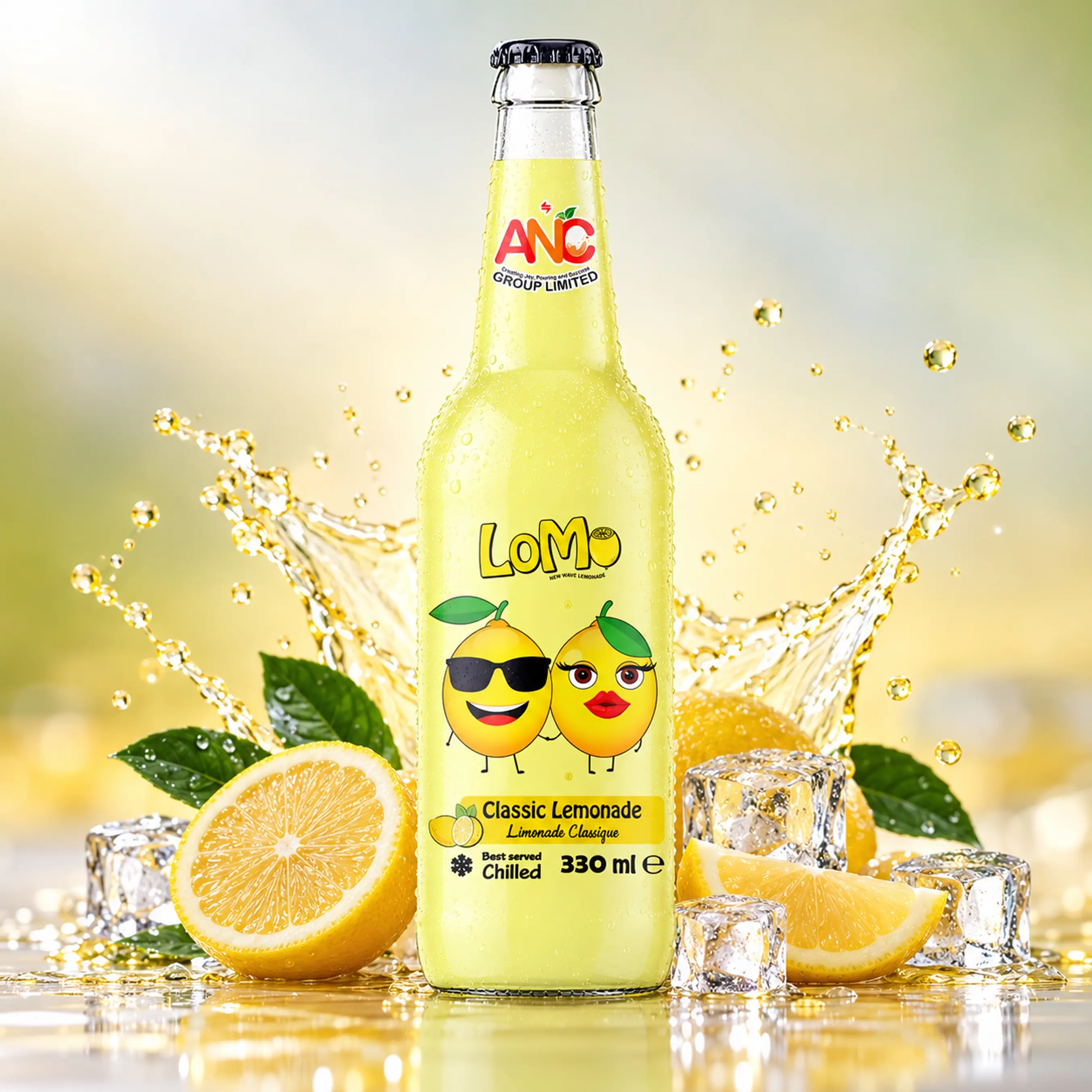 LoMo Classic Lemonade 330ml glass bottle with fresh lemons, ice cubes, and lemon splash.
